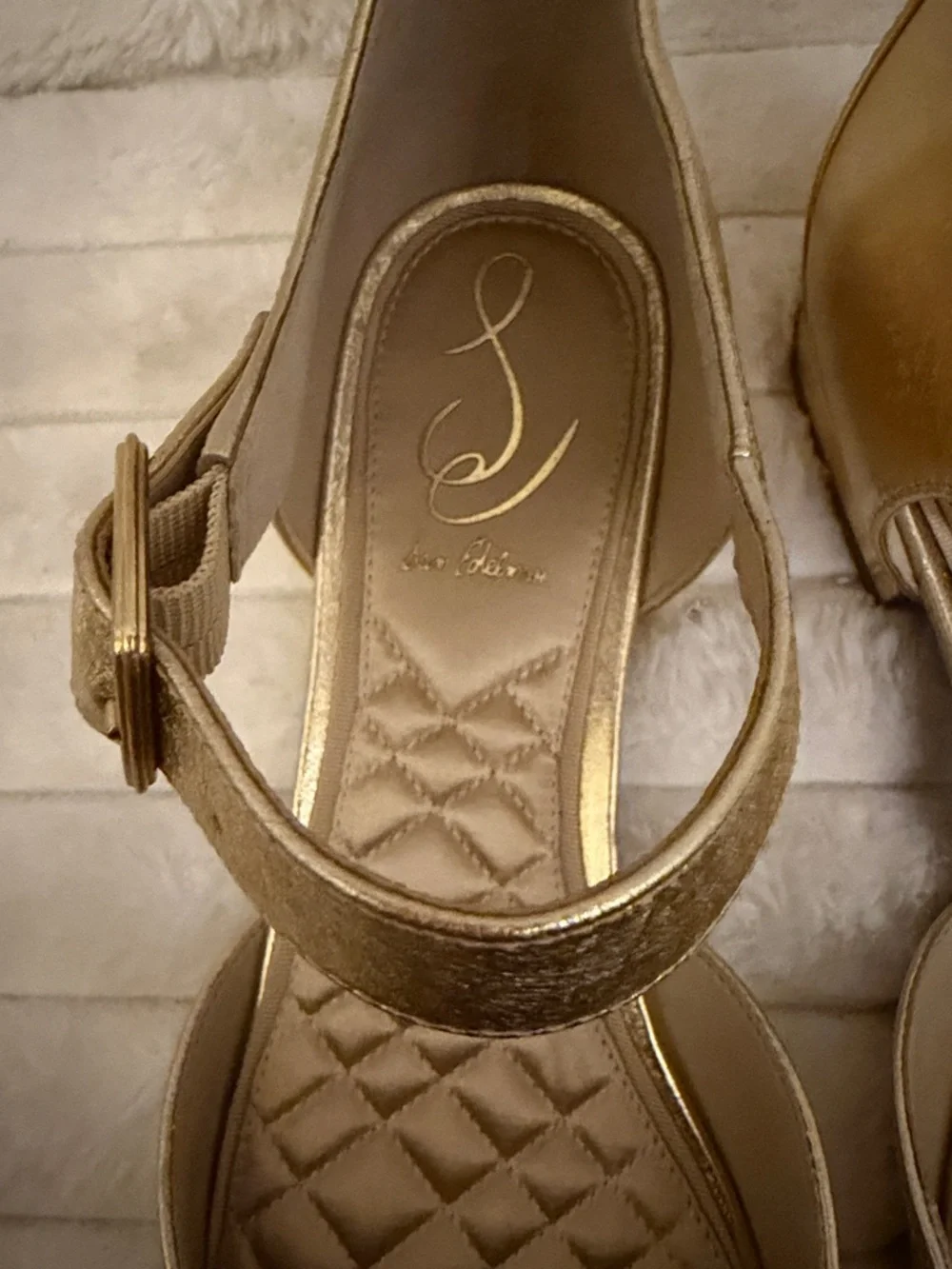 Sam Edelman Gold and Black Quilted Toe-Strap Flats